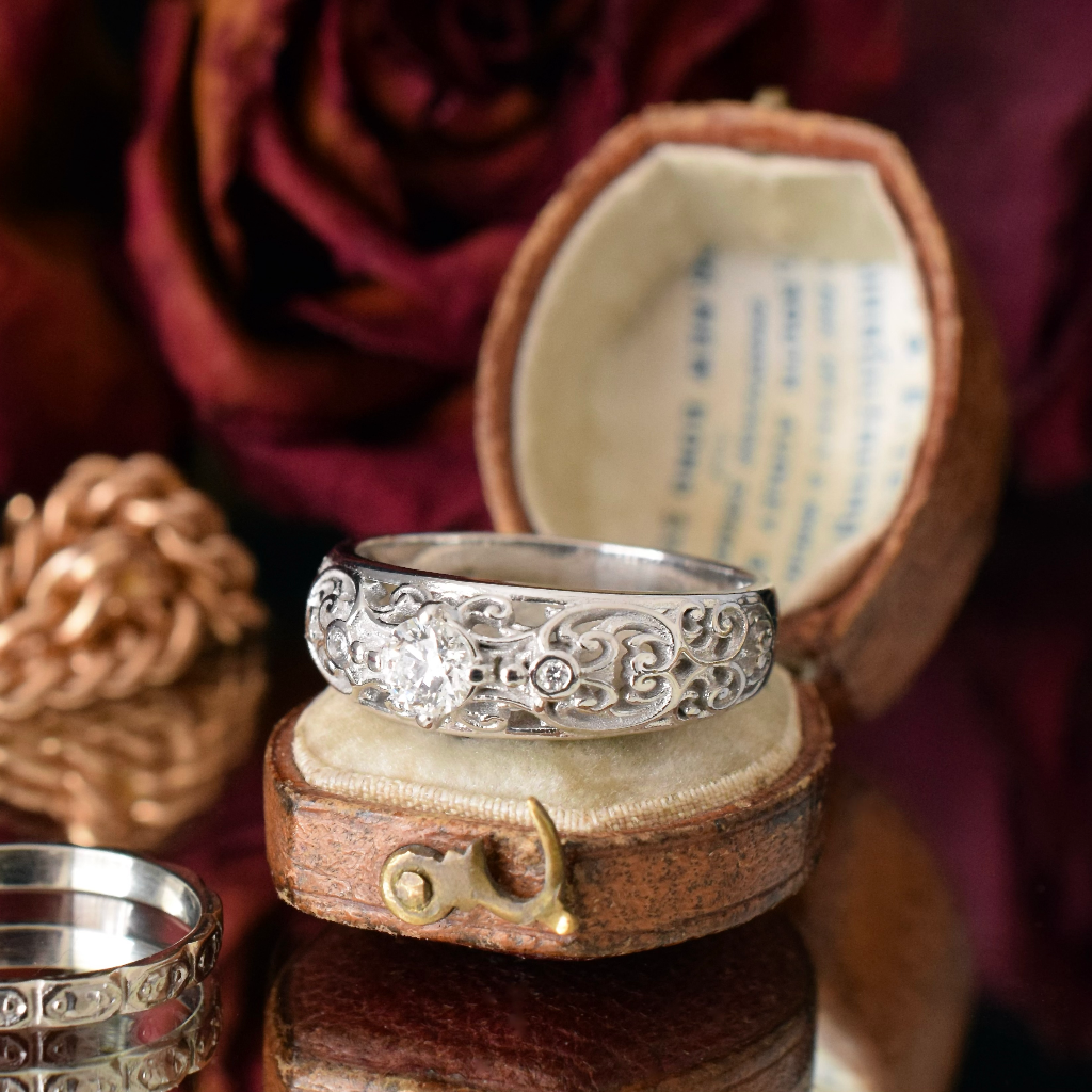 Modern 18ct White Gold Filigree Diamond Ring