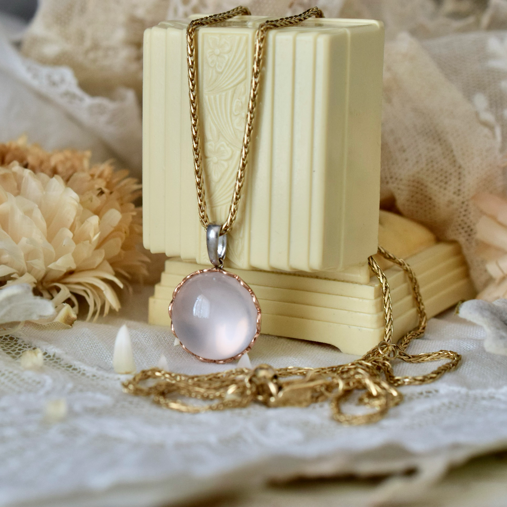 Modern Pink Moonstone 9ct And Sterling Silver Pendant by Hardy Brothers On Italian 9ct Adjustable Chain