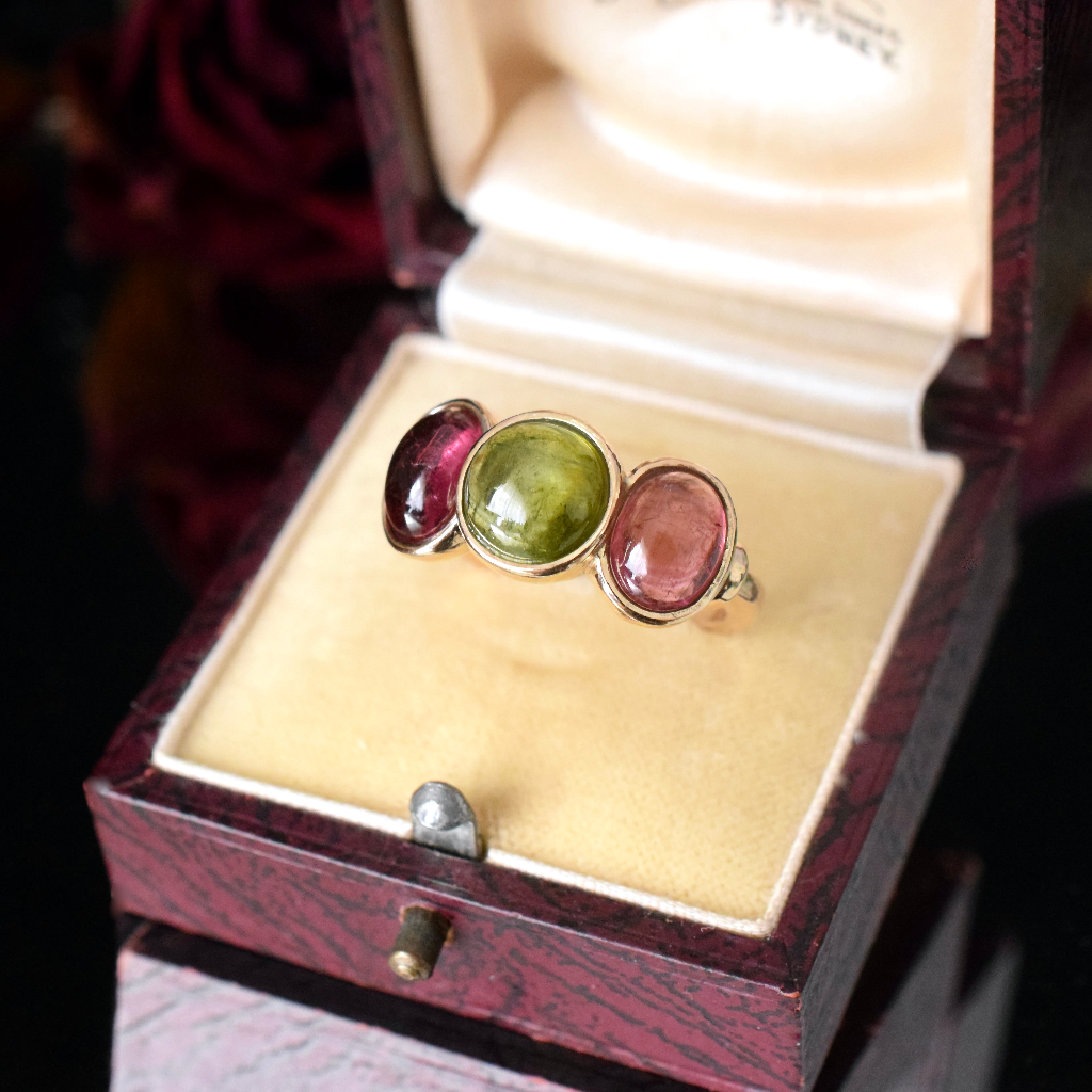 Modern 9ct Yellow Gold Green And Red Tourmaline Cabochon Ring