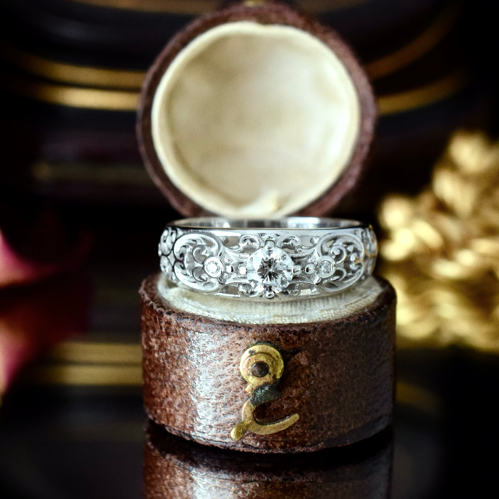 Modern 18ct White Gold Filigree Diamond Ring