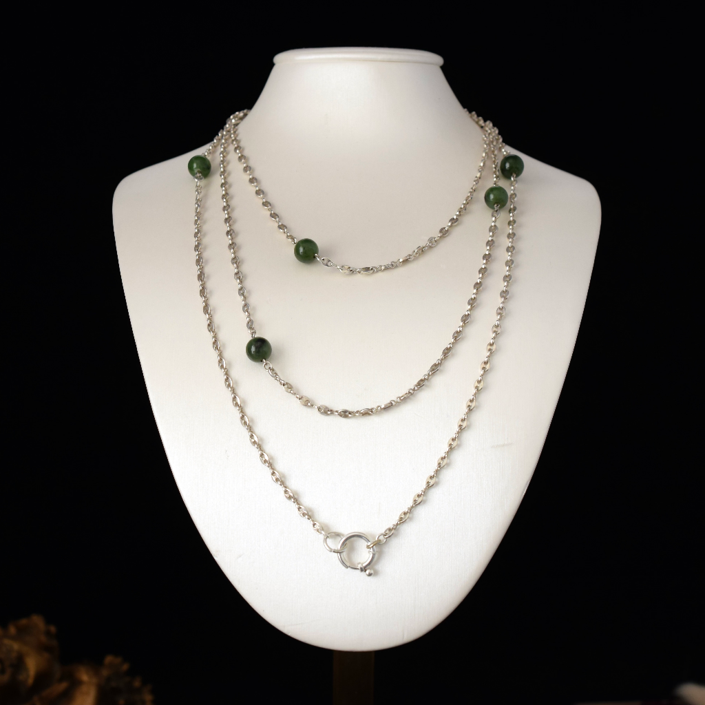 Sterling Silver And Nephrite Jade Long Guard ‘Marriner Link’ Chain 136cm