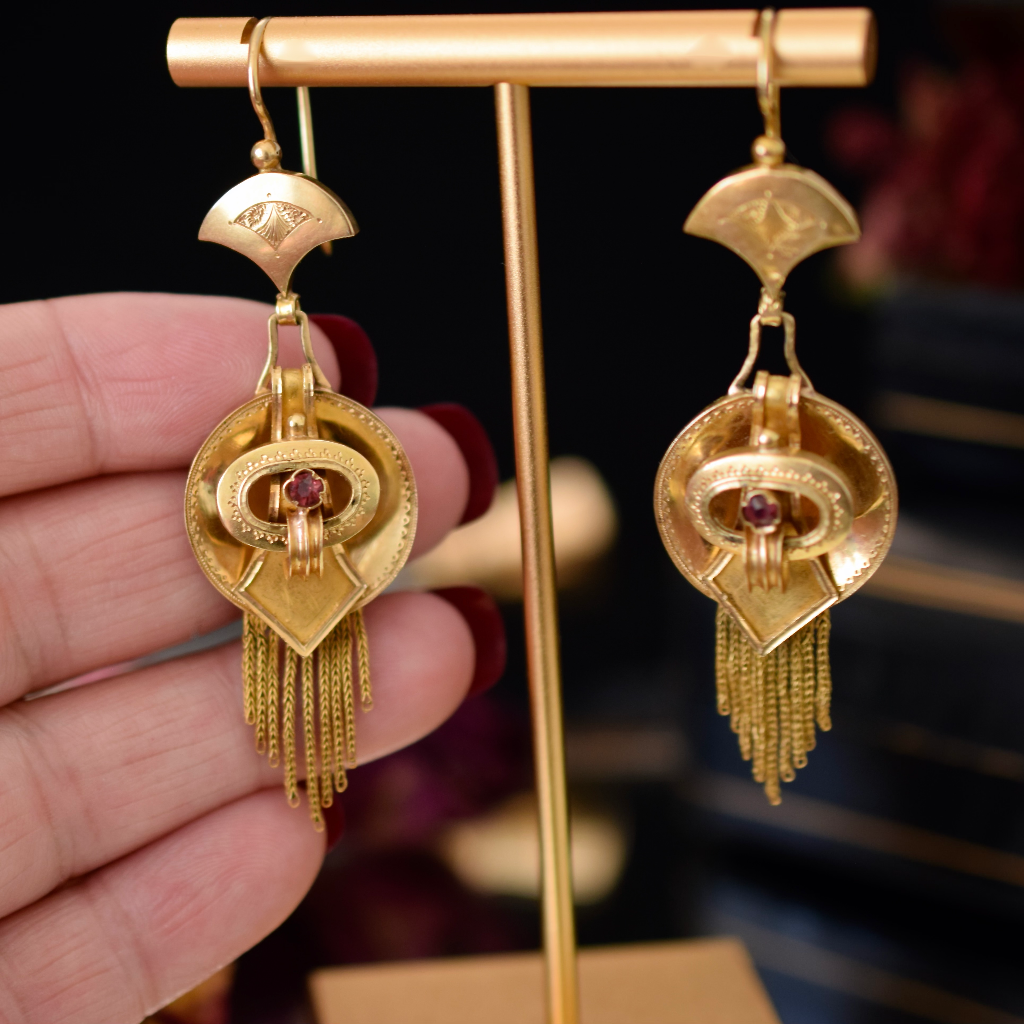 Antique Victorian 18ct Yellow Gold Garnet Fringe Earrings Circa 1880
