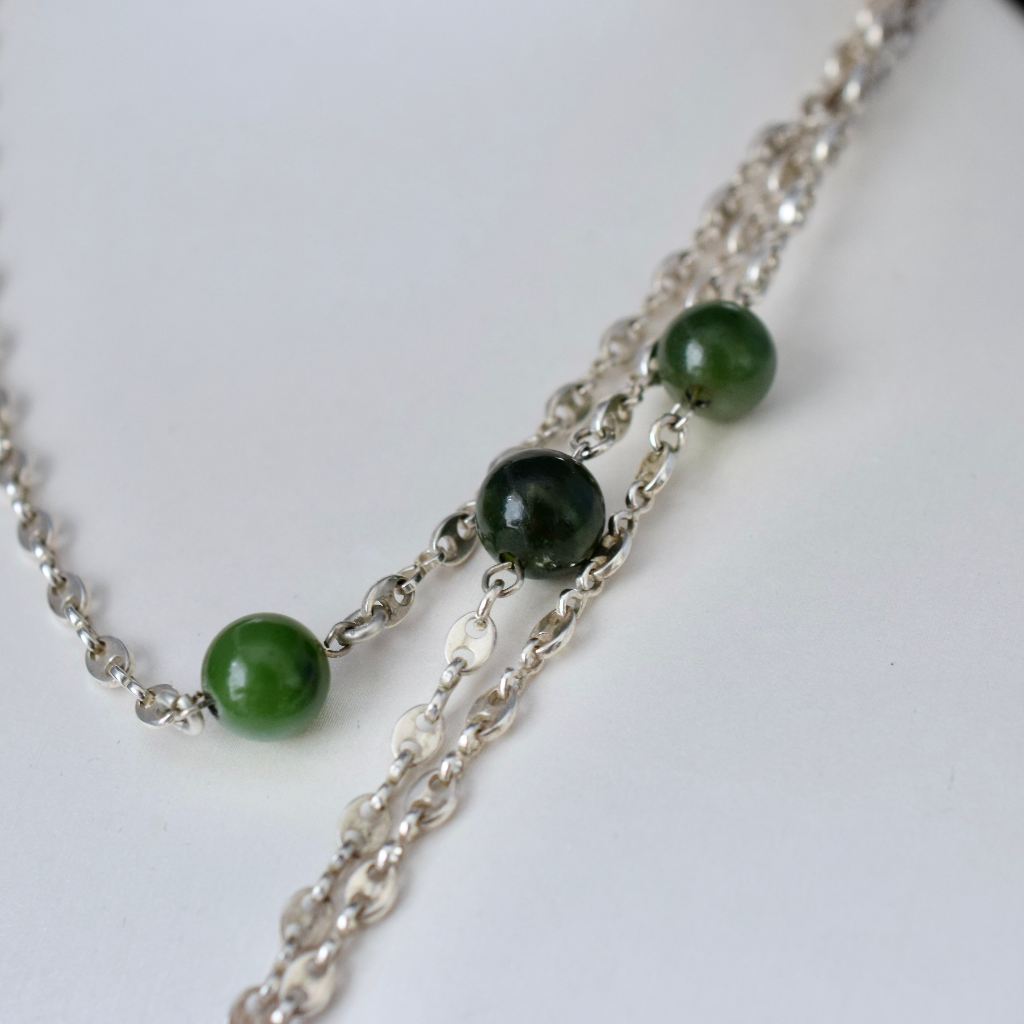 Sterling Silver And Nephrite Jade Long Guard ‘Marriner Link’ Chain 136cm