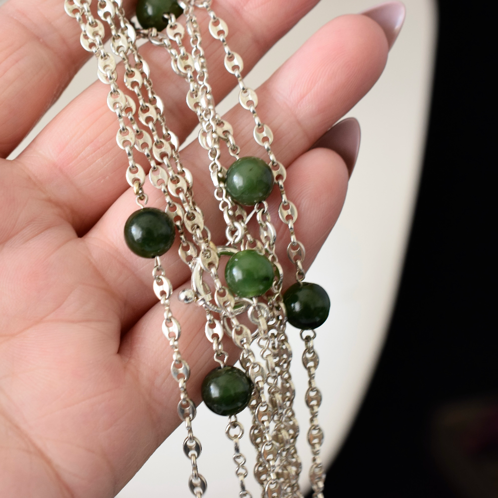 Sterling Silver And Nephrite Jade Long Guard ‘Marriner Link’ Chain 136cm