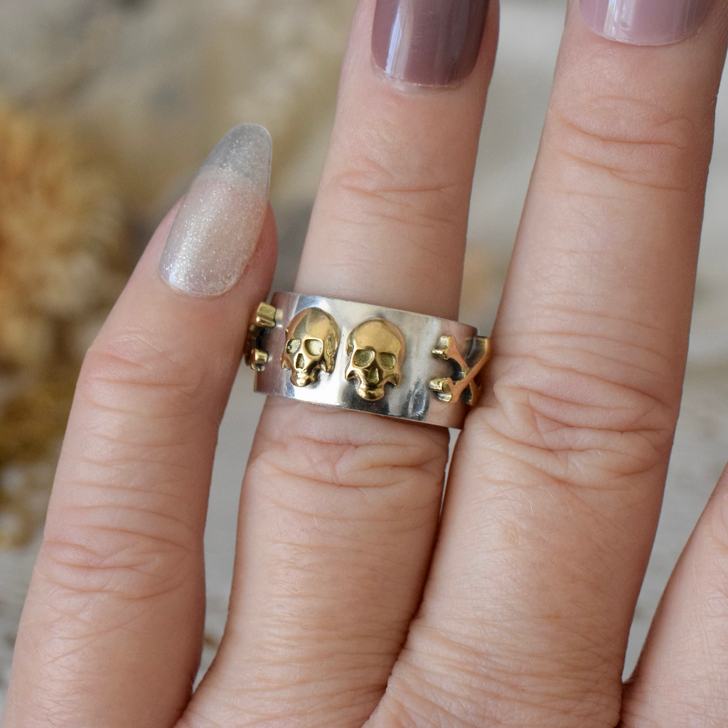 Bespoke 900 Silver And 9ct Yellow Gold ‘Skull & Cross Bones’ Ring