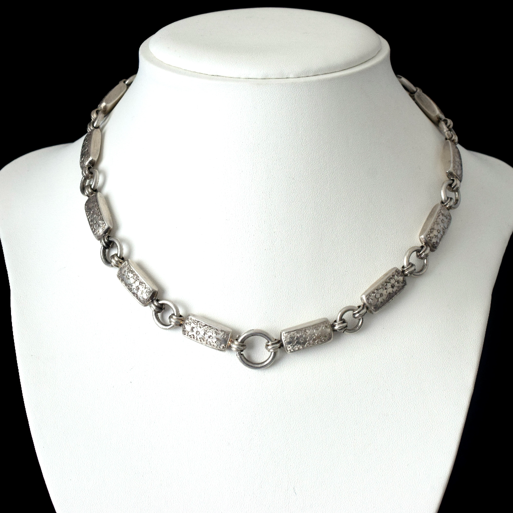Antique Victorian Sterling Silver ‘In Memory Of’ Enamel Locket and Floral Engraved Bookchain Circa 1890