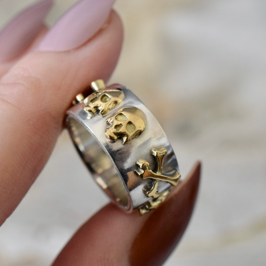 Bespoke 900 Silver And 9ct Yellow Gold ‘Skull & Cross Bones’ Ring