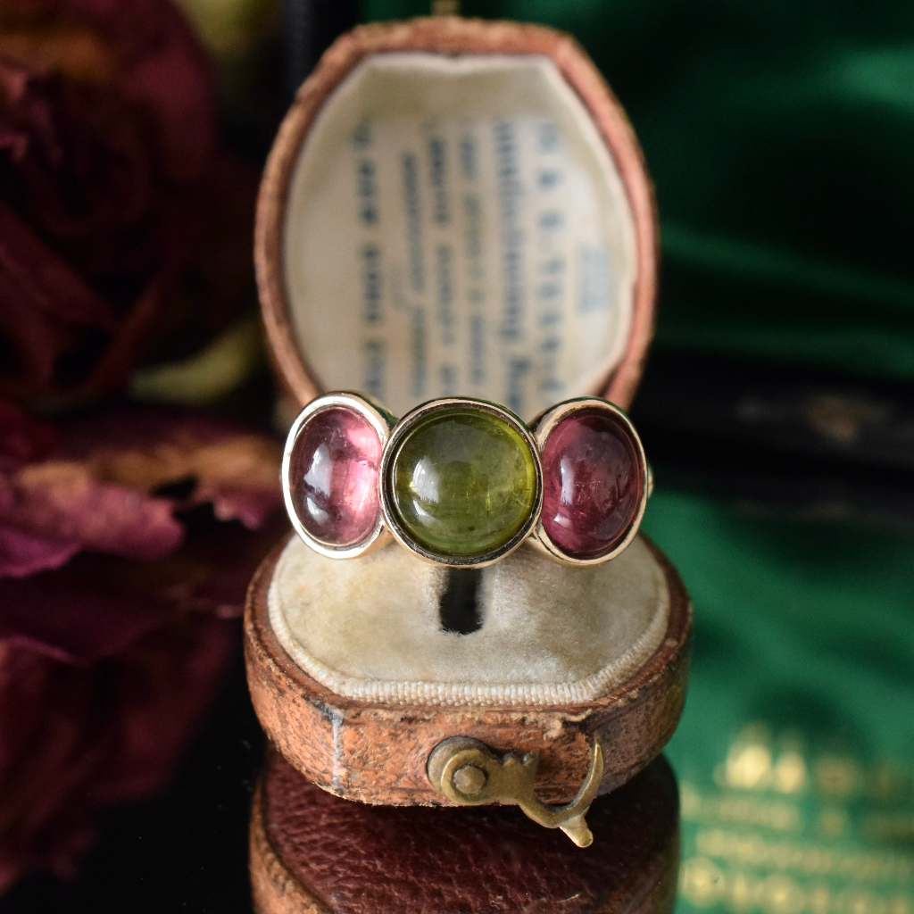 Modern 9ct Yellow Gold Green And Red Tourmaline Cabochon Ring