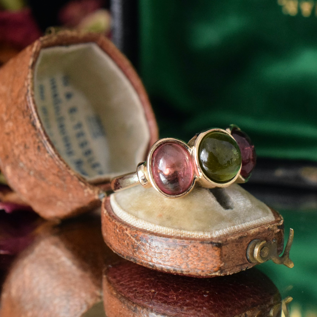Modern 9ct Yellow Gold Green And Red Tourmaline Cabochon Ring
