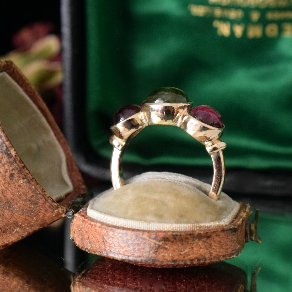 Modern 9ct Yellow Gold Green And Red Tourmaline Cabochon Ring