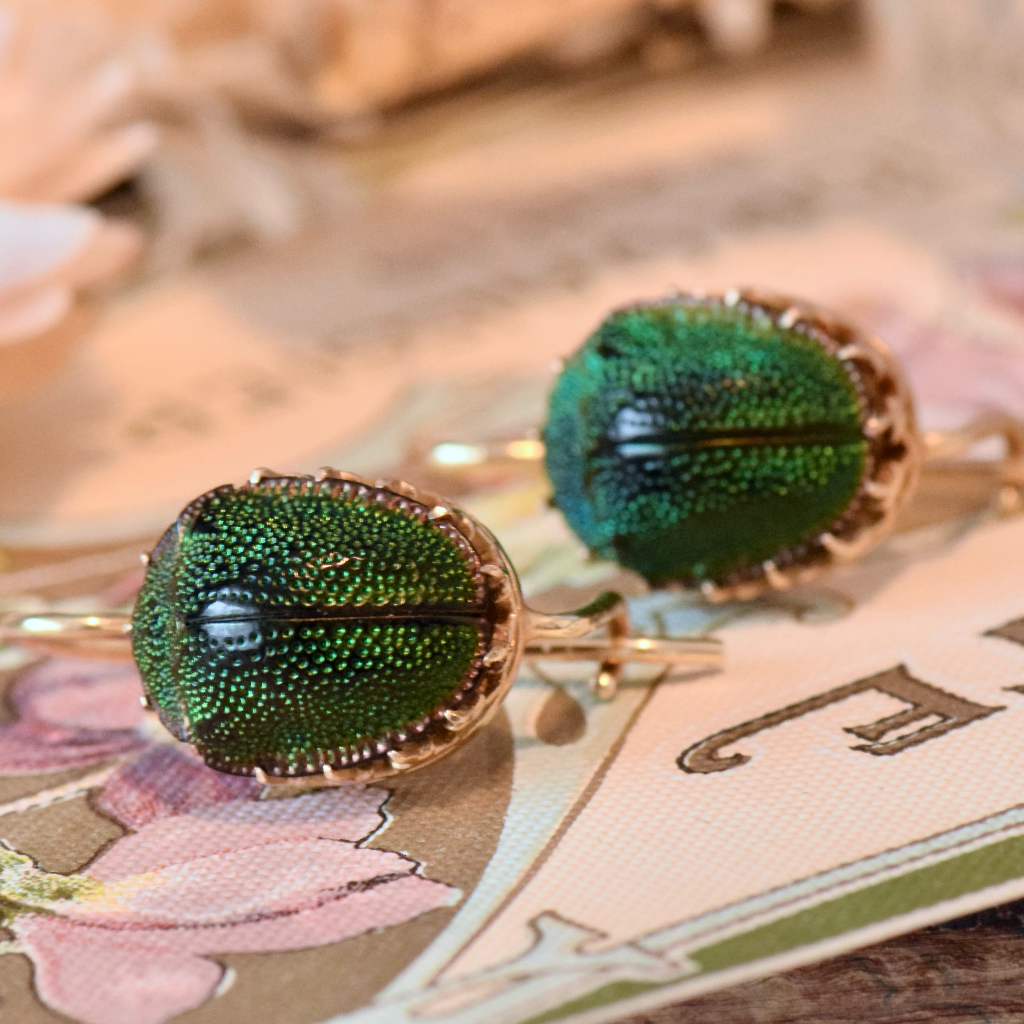 Antique Victorian 9ct Rose Gold Scarab Beetle Earrings Circa 1890