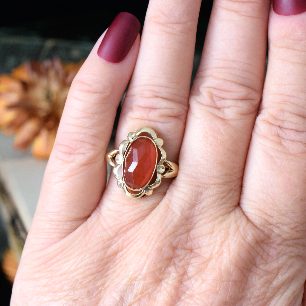 Vintage 14ct Yellow Gold Faceted Cherry Amber Ring Circa 1950
