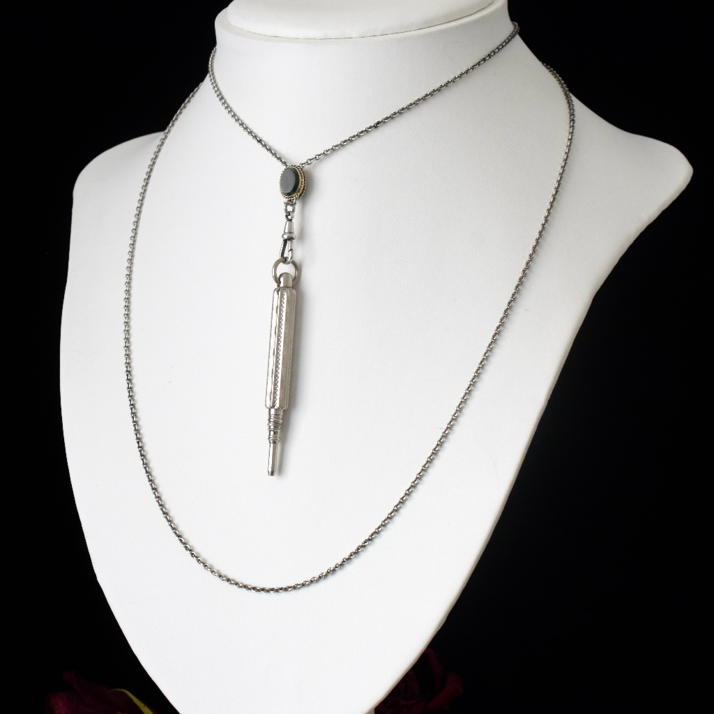 Antique Sterling Silver Long Guard Slide Chain With 9ct Bloodstone Slide Circa 1900