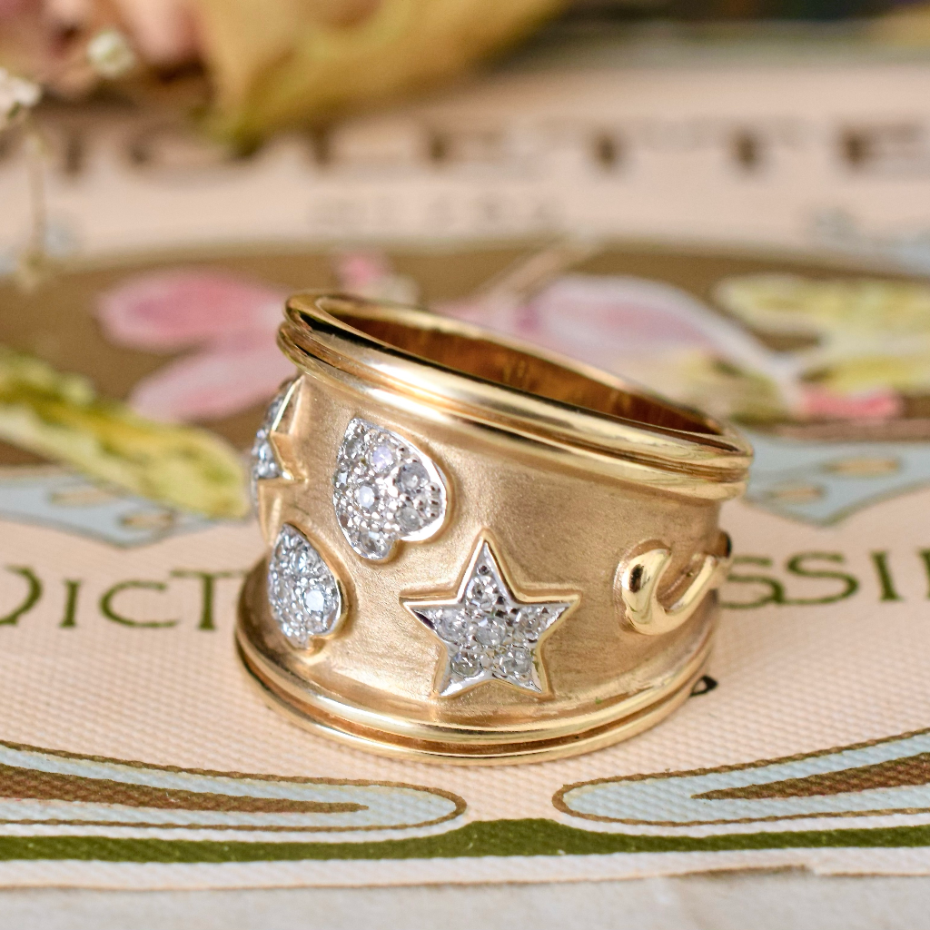 Modern 9ct Yellow Gold Wide ‘Hearts And Stars’ Diamond Ring