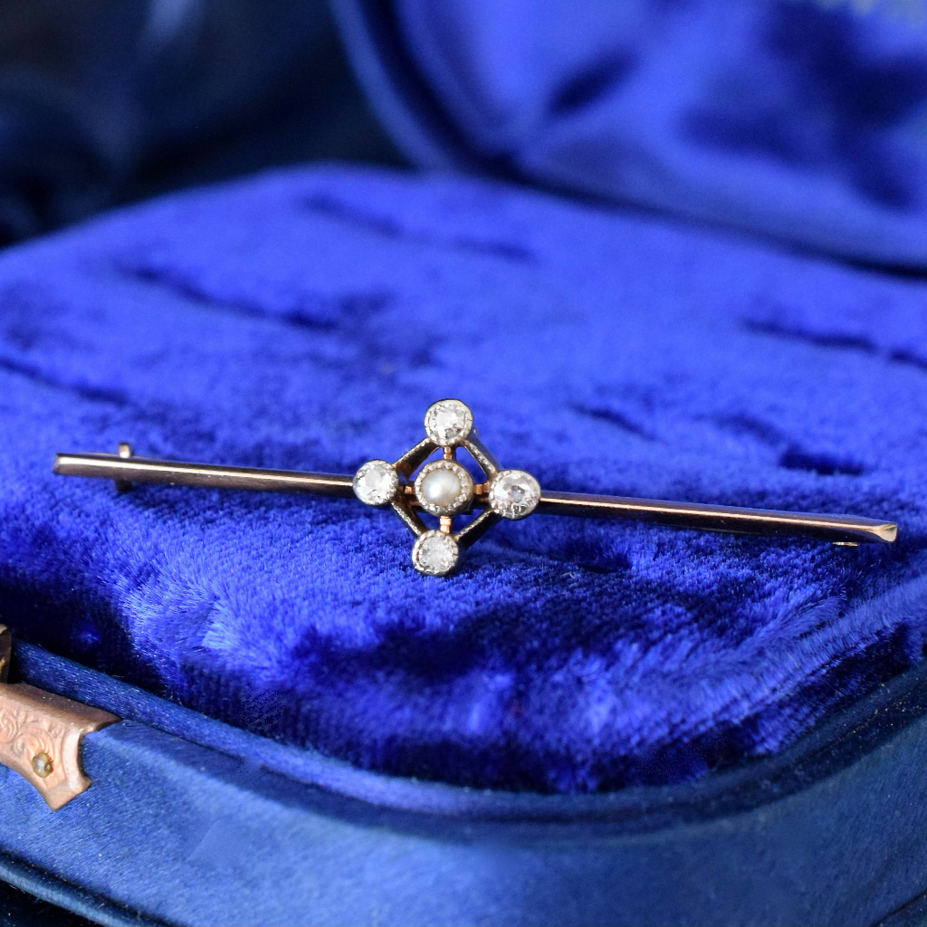 Antique Edwardian 15ct Rose Gold Pearl And Diamond Bar Brooch