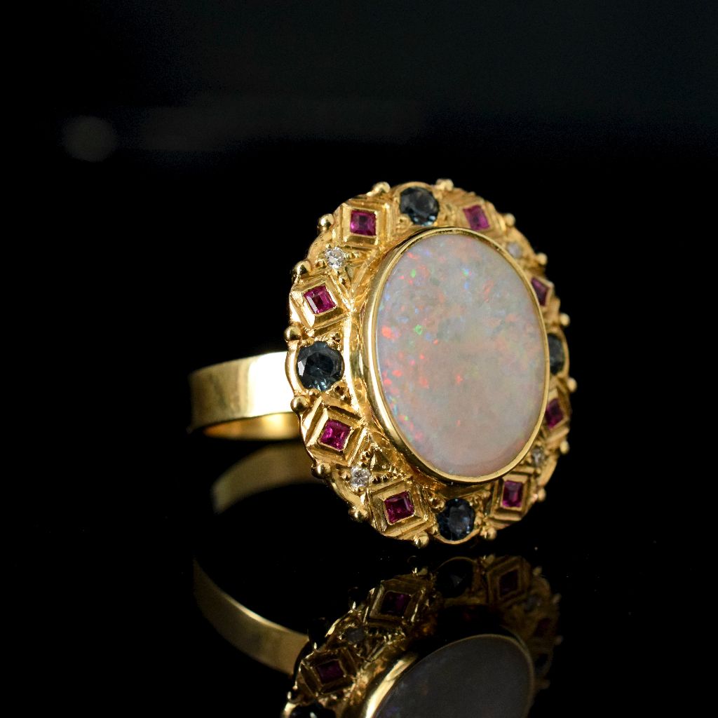 Modern 18ct Yellow Gold Opal, Diamond, Sapphire And Ruby Ring