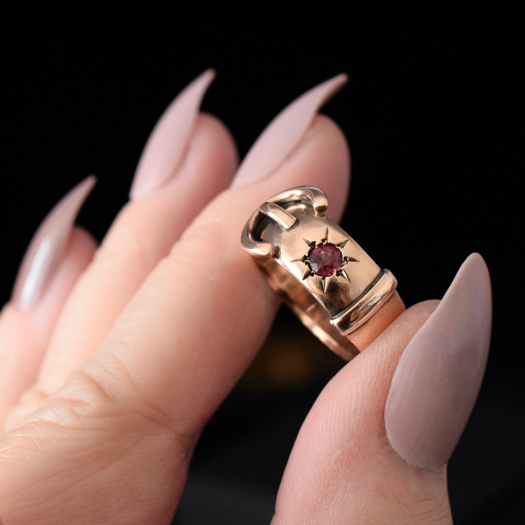 Antique Australian 9ct Rose Gold And Garnet Wide Buckle Ring Circa 1915 Independent Valuation Included For $2,800 AUD