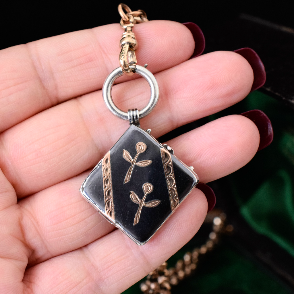 Antique Victorian Niello And Rose Gold Gilt Square Locket Pendant Circa 1900