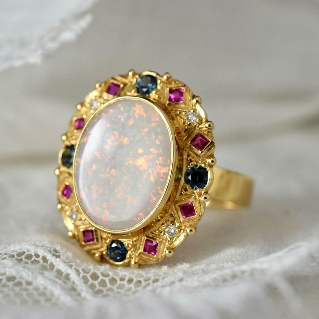 Modern 18ct Yellow Gold Opal, Diamond, Sapphire And Ruby Ring