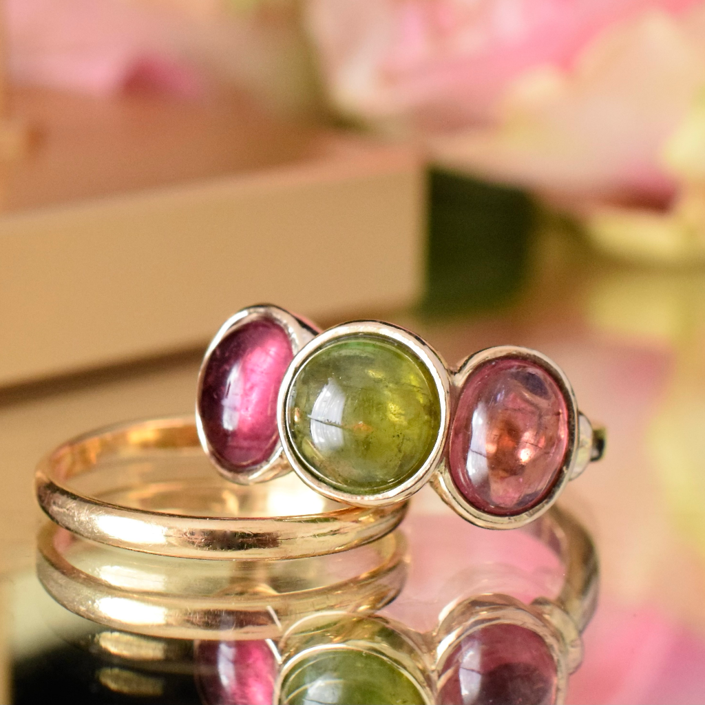 Modern 9ct Yellow Gold Green And Red Tourmaline Cabochon Ring