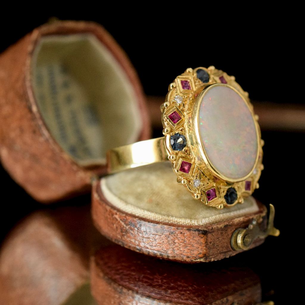 Modern 18ct Yellow Gold Opal, Diamond, Sapphire And Ruby Ring