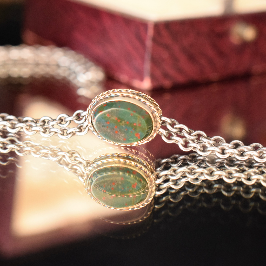 Antique Sterling Silver Long Guard Slide Chain With 9ct Bloodstone Slide Circa 1900