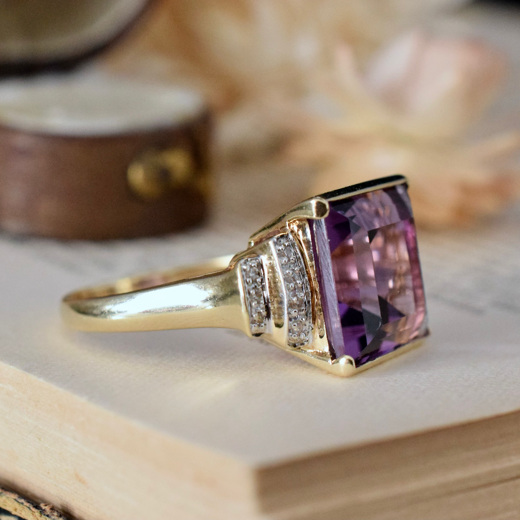 Modern 14ct Yellow Gold Amethyst And Diamond Ring