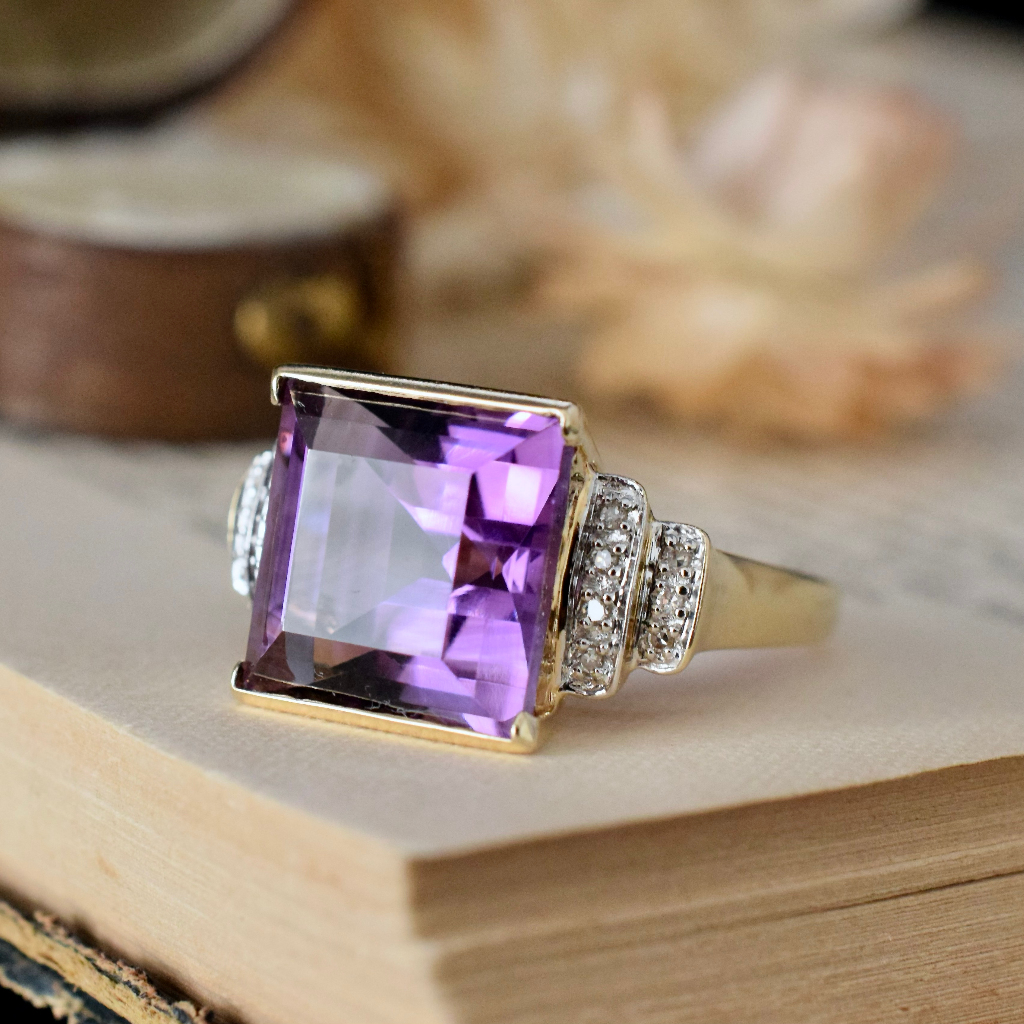Modern 14ct Yellow Gold Amethyst And Diamond Ring