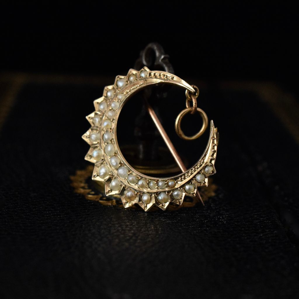 Antique Australian 9ct Rose Gold Seed Pearl Crescent Moon Pendant/Brooch Circa 1900