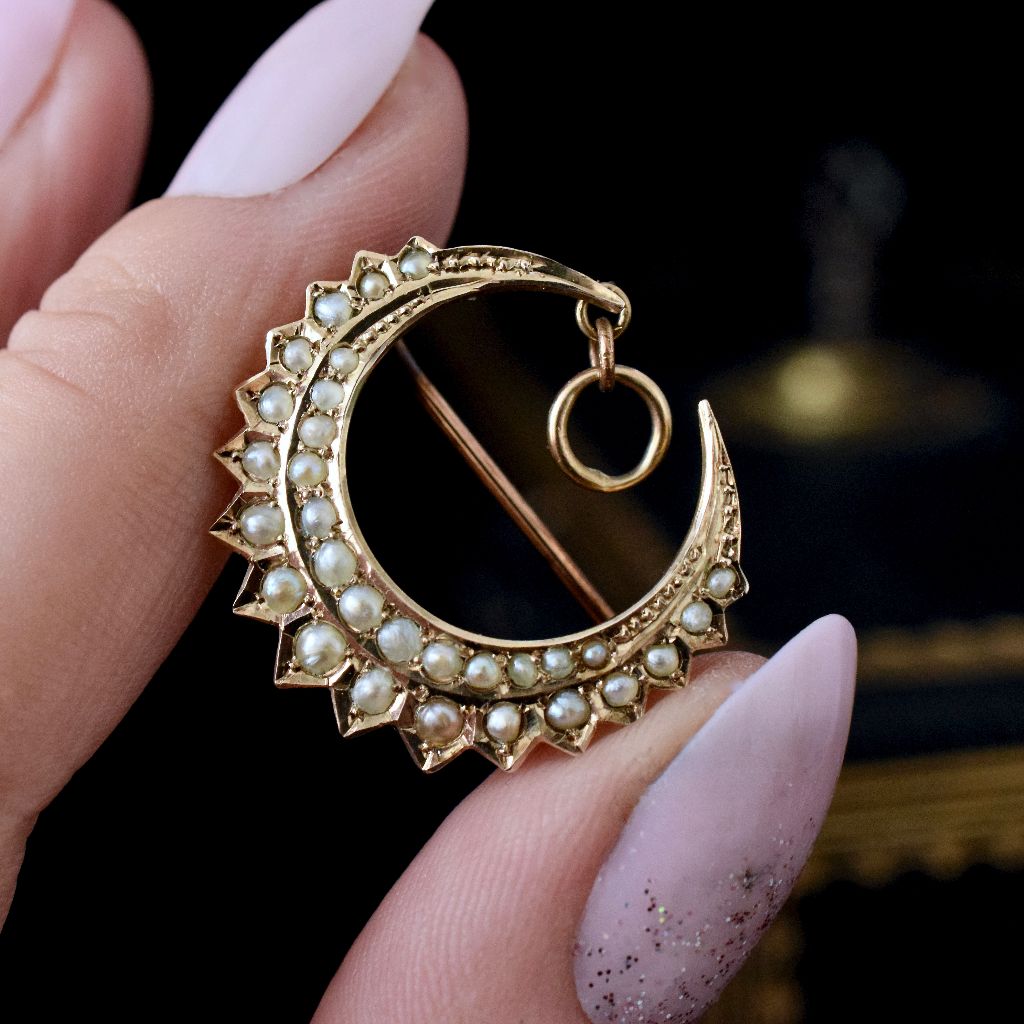 Antique Australian 9ct Rose Gold Seed Pearl Crescent Moon Pendant/Brooch Circa 1900