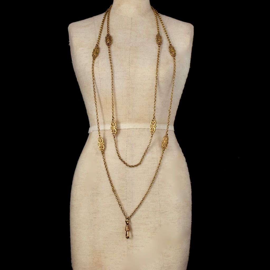 Antique Victorian ‘Pinchbeck’ Fancy Link Long Guard Chain 130cm