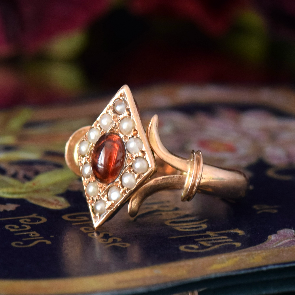 Antique Australian 15ct Rose Gold ’Navette’ Garnet Pearl Ring By Mackay Co Circa 1905