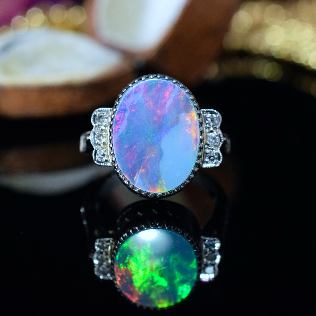 Antique Art Deco Era 18ct White Gold Black Opal Doublet Diamond Ring Circa 1935