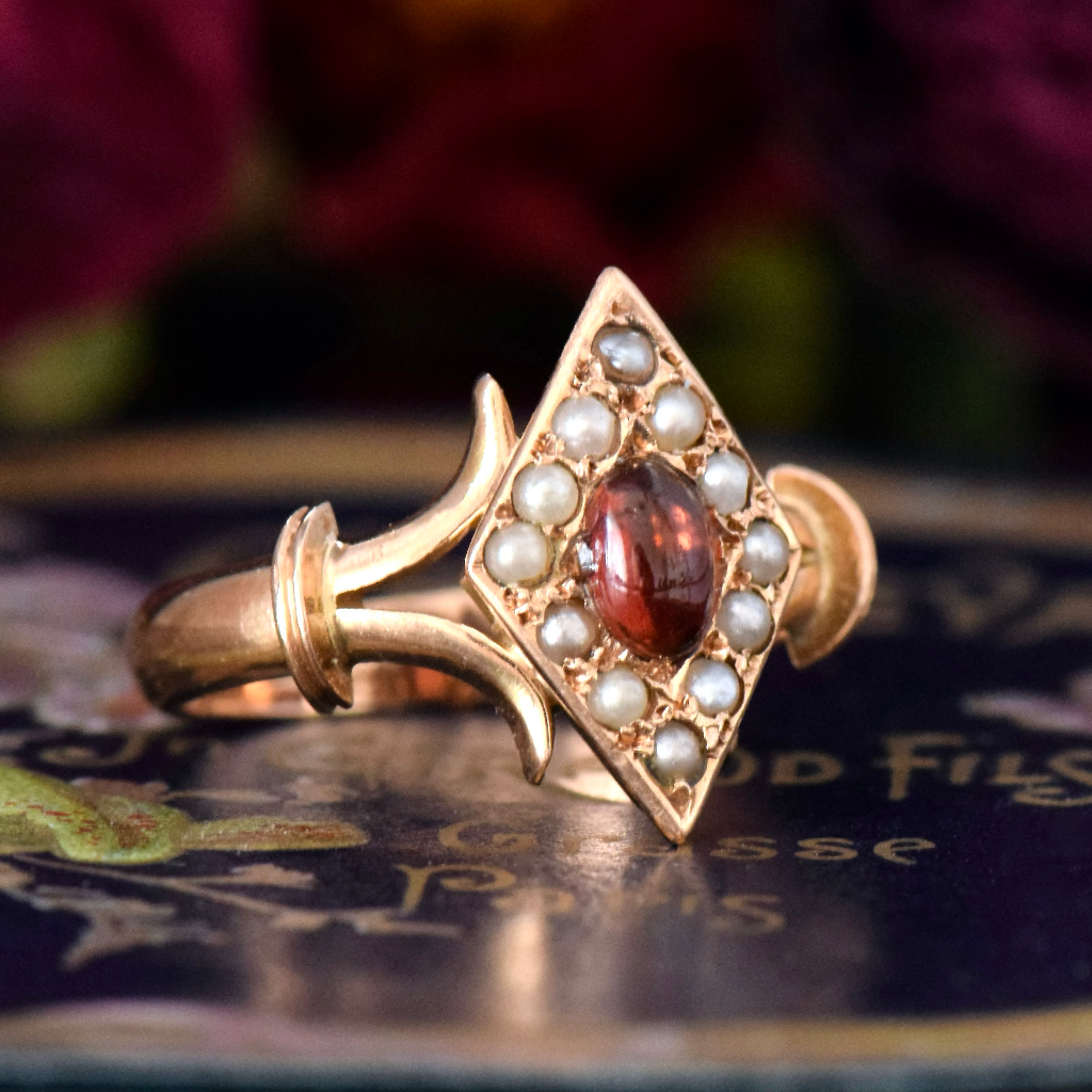 Antique Australian 15ct Rose Gold ’Navette’ Garnet Pearl Ring By Mackay & Co Circa 1905