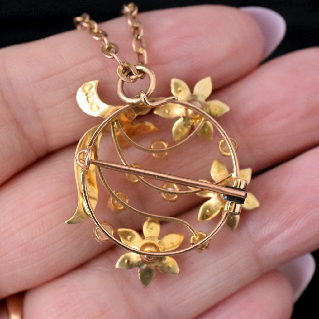 Antique Australian 15ct Yellow Gold Floral Seed Pearl Pendant/Brooch By Willis And Sons