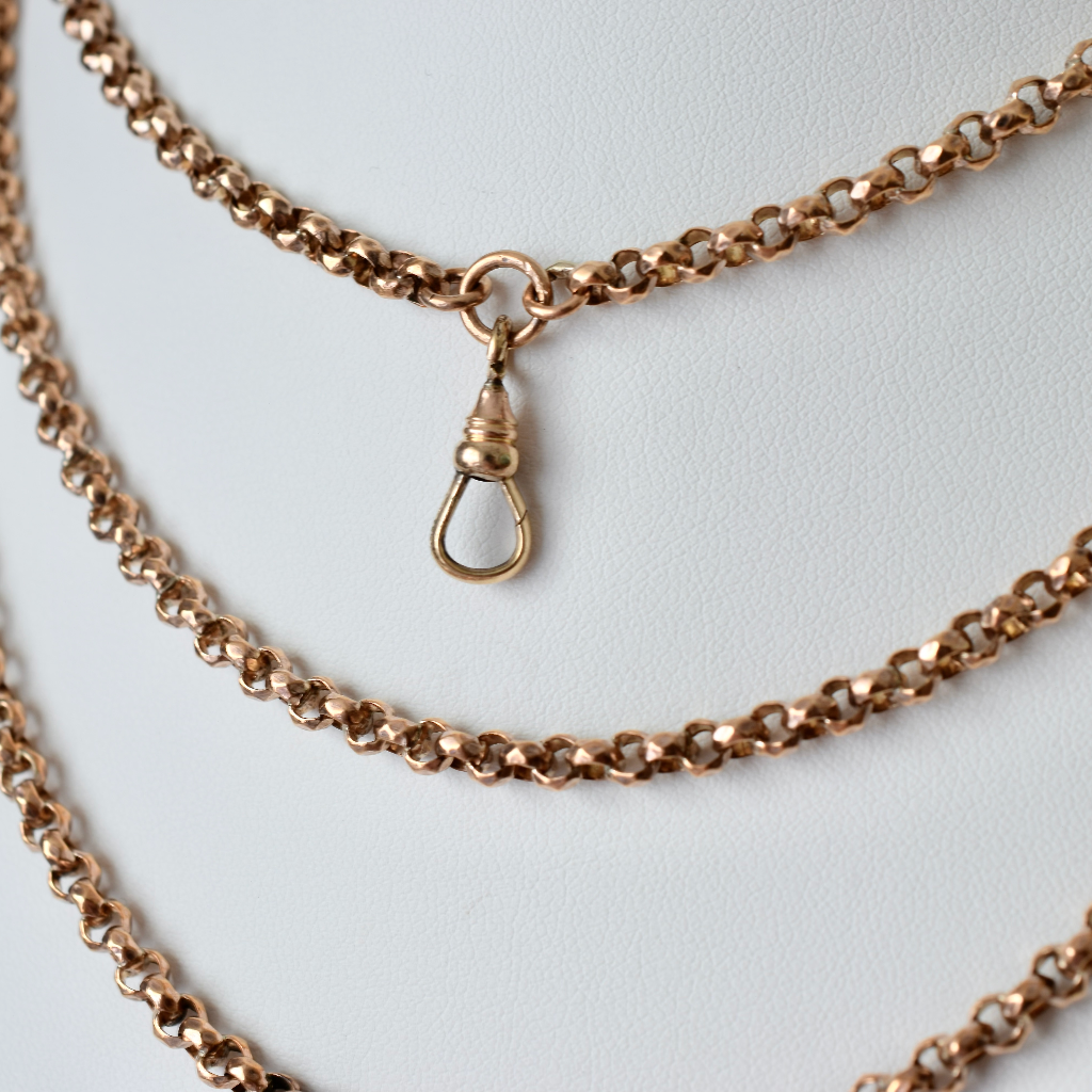 Antique Late Victorian/Early Edwardian Rolled Gold Fancy Long Guard Chain Circa 1900