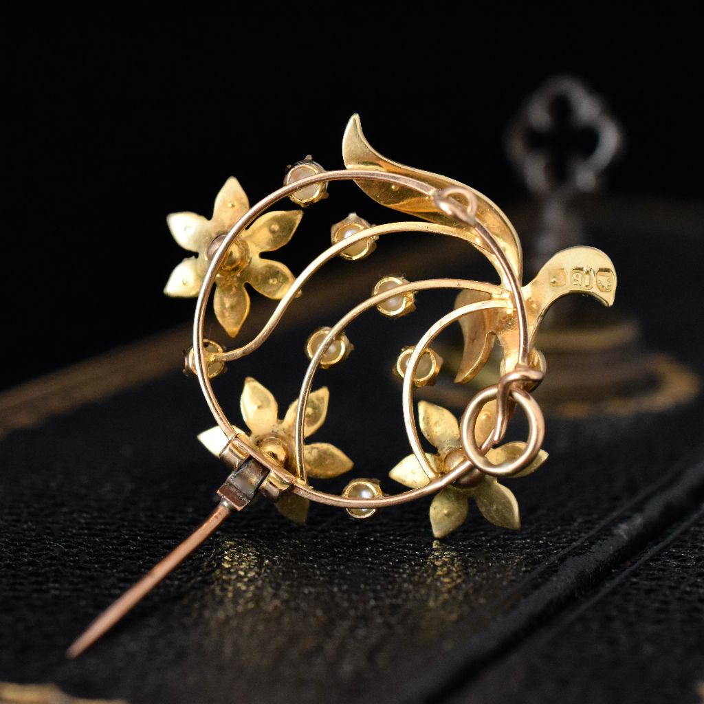 Antique Australian 15ct Yellow Gold Floral Seed Pearl Pendant/Brooch By Willis And Sons