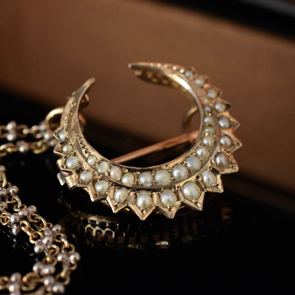 Antique Australian 9ct Rose Gold Seed Pearl Crescent Moon Pendant/Brooch Circa 1900