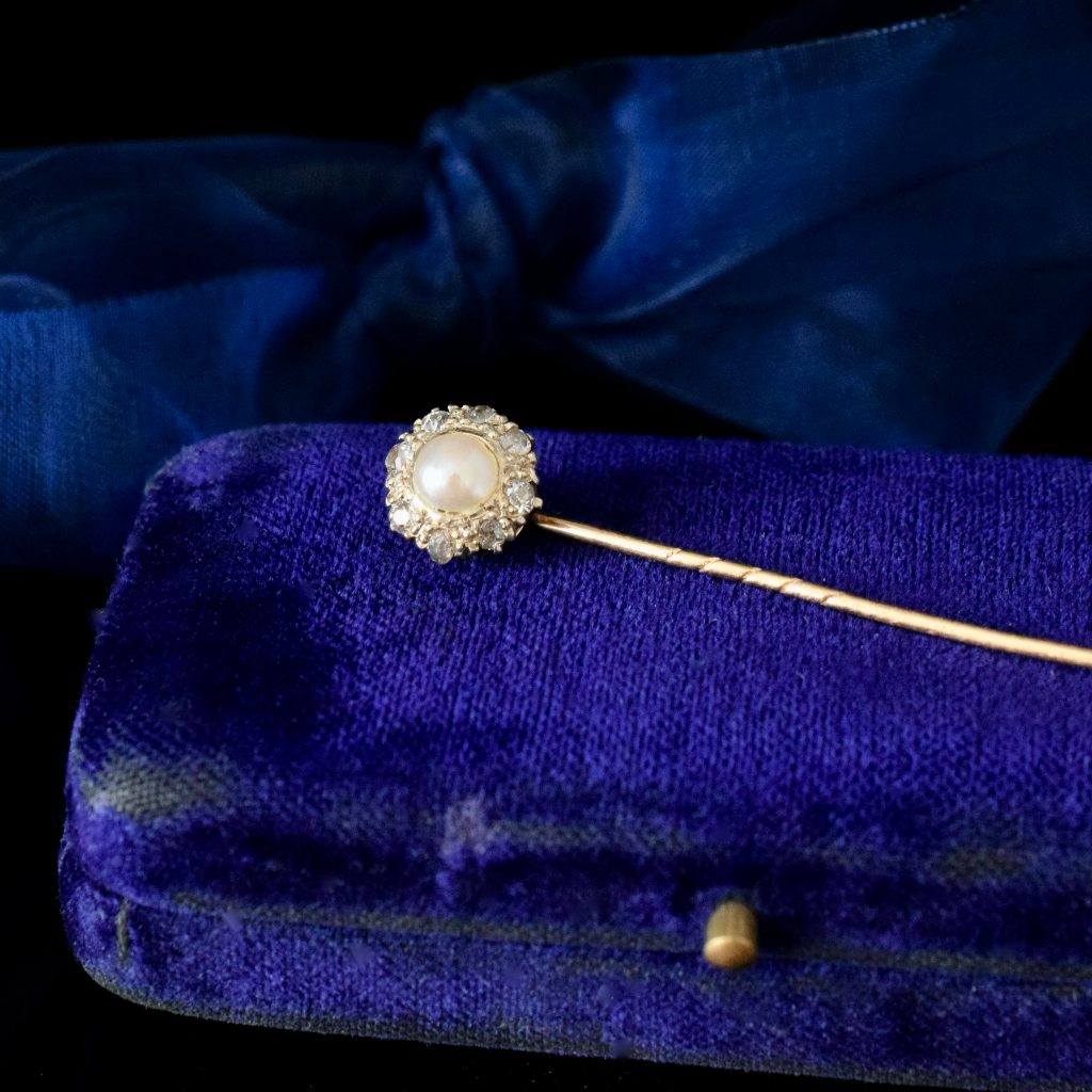 Antique Victorian/Edwardian 15ct Rose Gold Diamond And Pearl Stick Pin Circa 1900