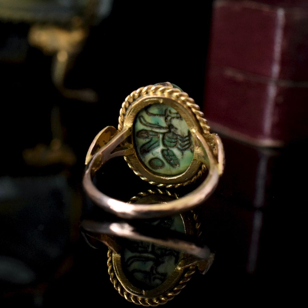 Antique 9ct Yellow Gold Egyptian Revival Faience Scarab Ring Circa 1920