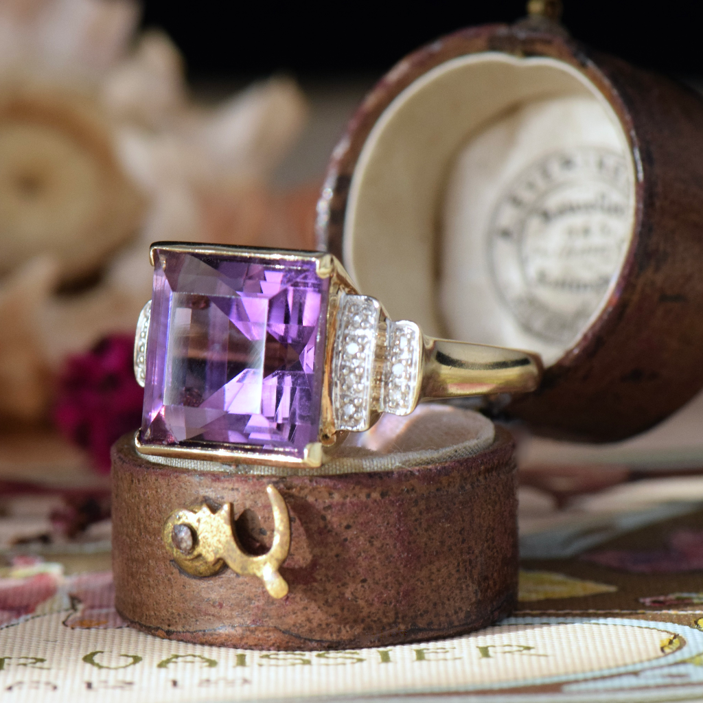 Modern 14ct Yellow Gold Amethyst And Diamond Ring