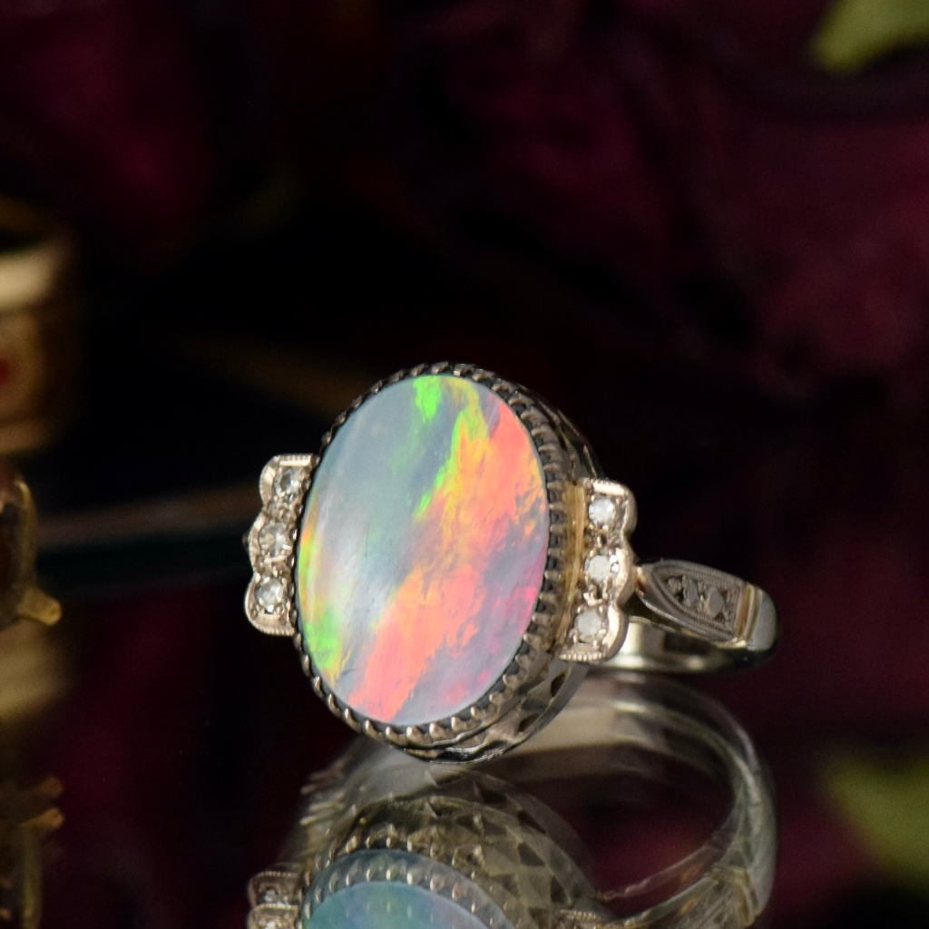 Antique Art Deco Era 18ct White Gold Black Opal Doublet Diamond Ring Circa 1935