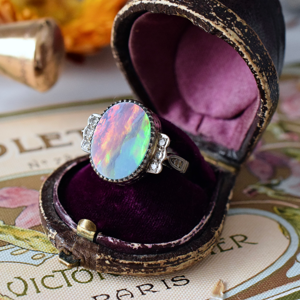 Antique Art Deco Era 18ct White Gold Black Opal Doublet Diamond Ring Circa 1935