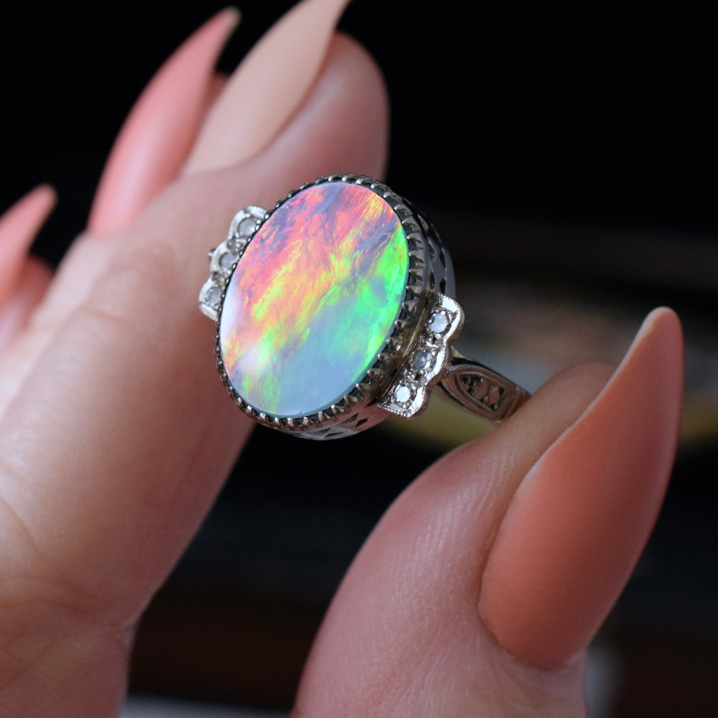 Antique Art Deco Era 18ct White Gold Black Opal Doublet Diamond Ring Circa 1935
