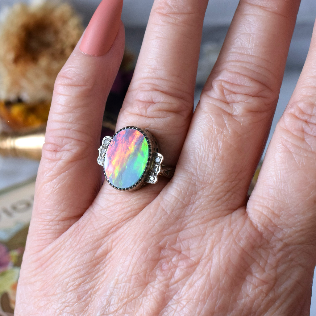 Antique Art Deco Era 18ct White Gold Black Opal Doublet Diamond Ring Circa 1935