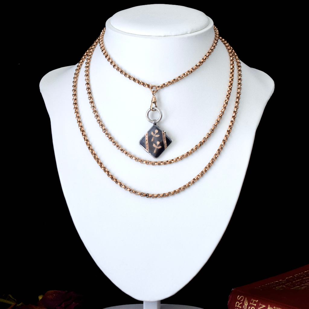 Antique Victorian Niello And Rose Gold Gilt Square Locket Pendant Circa 1900