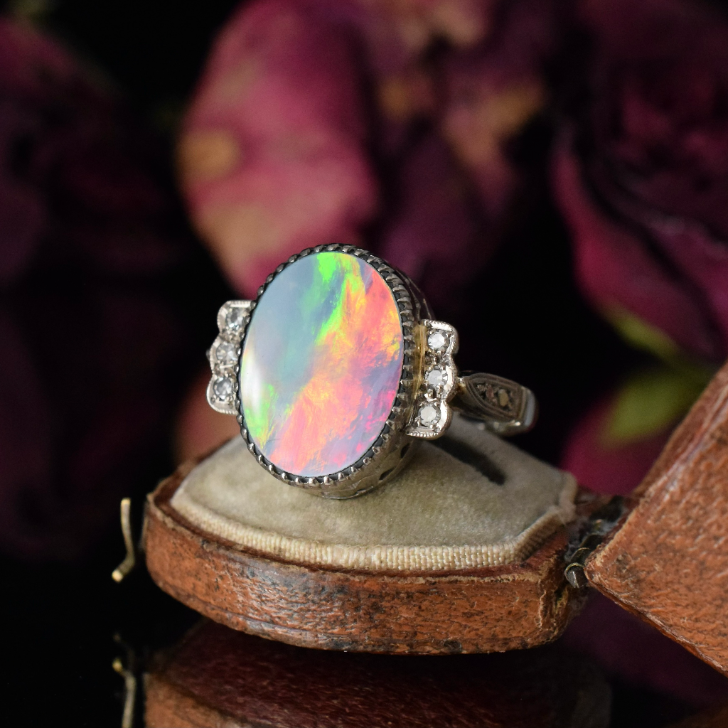 Antique Art Deco Era 18ct White Gold Black Opal Doublet Diamond Ring Circa 1935