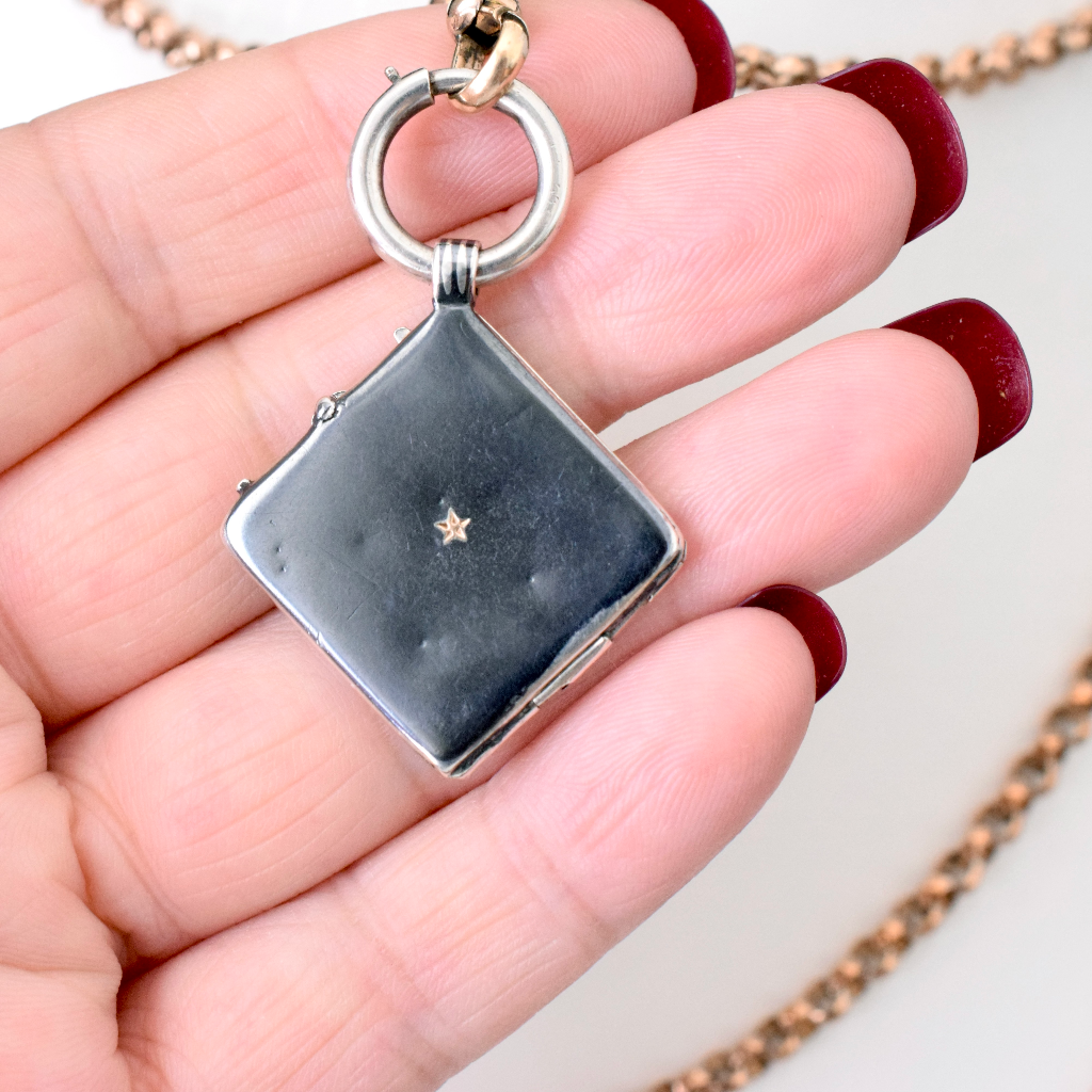 Antique Victorian Niello And Rose Gold Gilt Square Locket Pendant Circa 1900