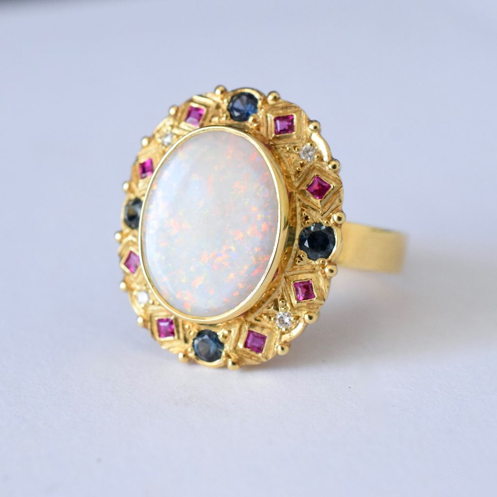 Modern 18ct Yellow Gold Opal, Diamond, Sapphire And Ruby Ring