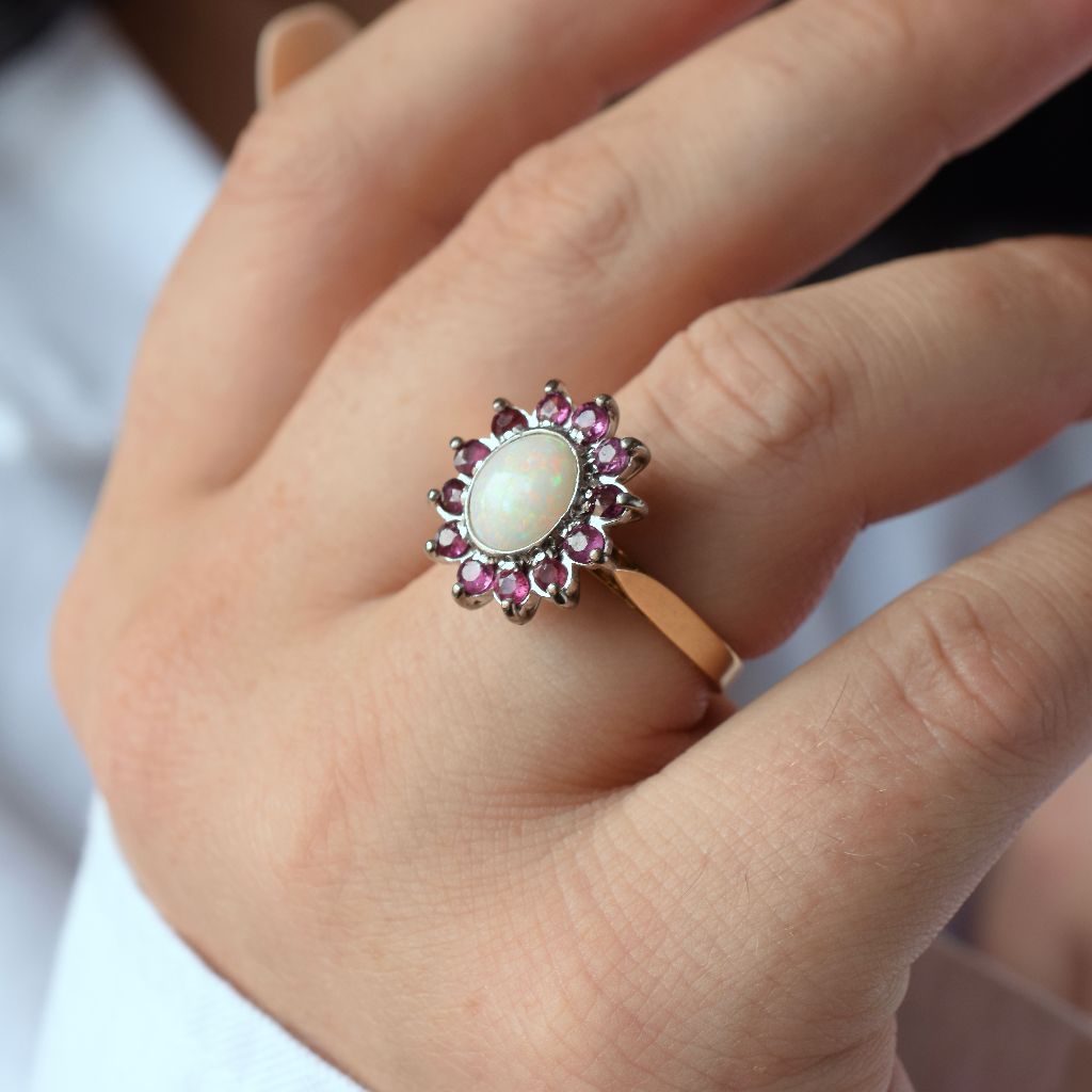 Vintage 18ct Palladium Solid Opal And Ruby Cluster Ring